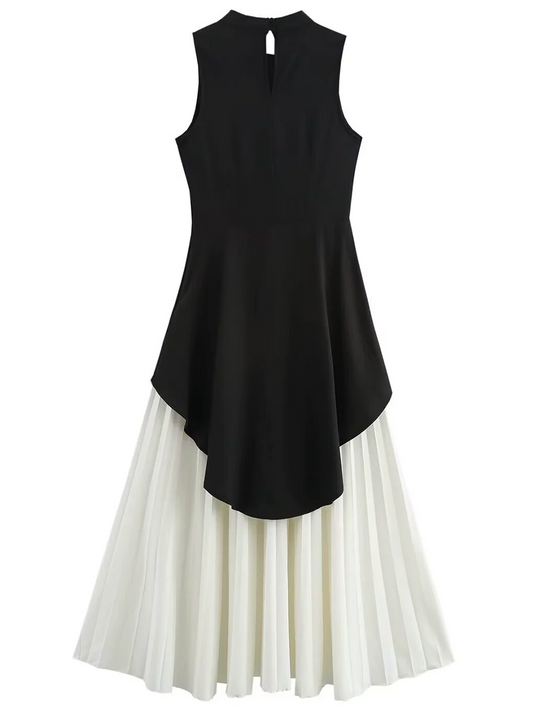 Onbely Robe Midi Bicolore noir et blanc plissé Sans Manches col rond Cocktail