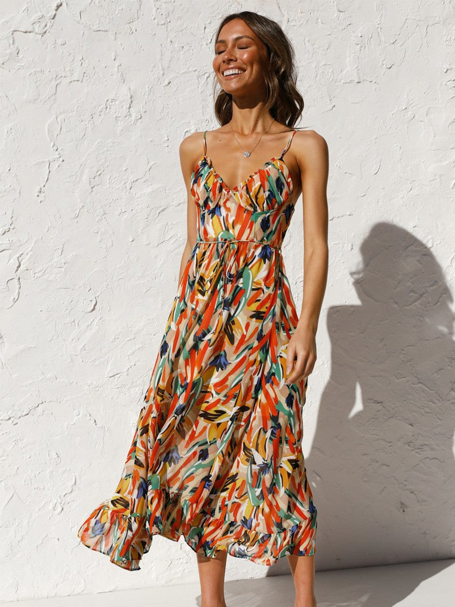 Onbely mi-longue robe imprimé à fleurie dos nu à fines brides col en V doux mode tous les jours vacances