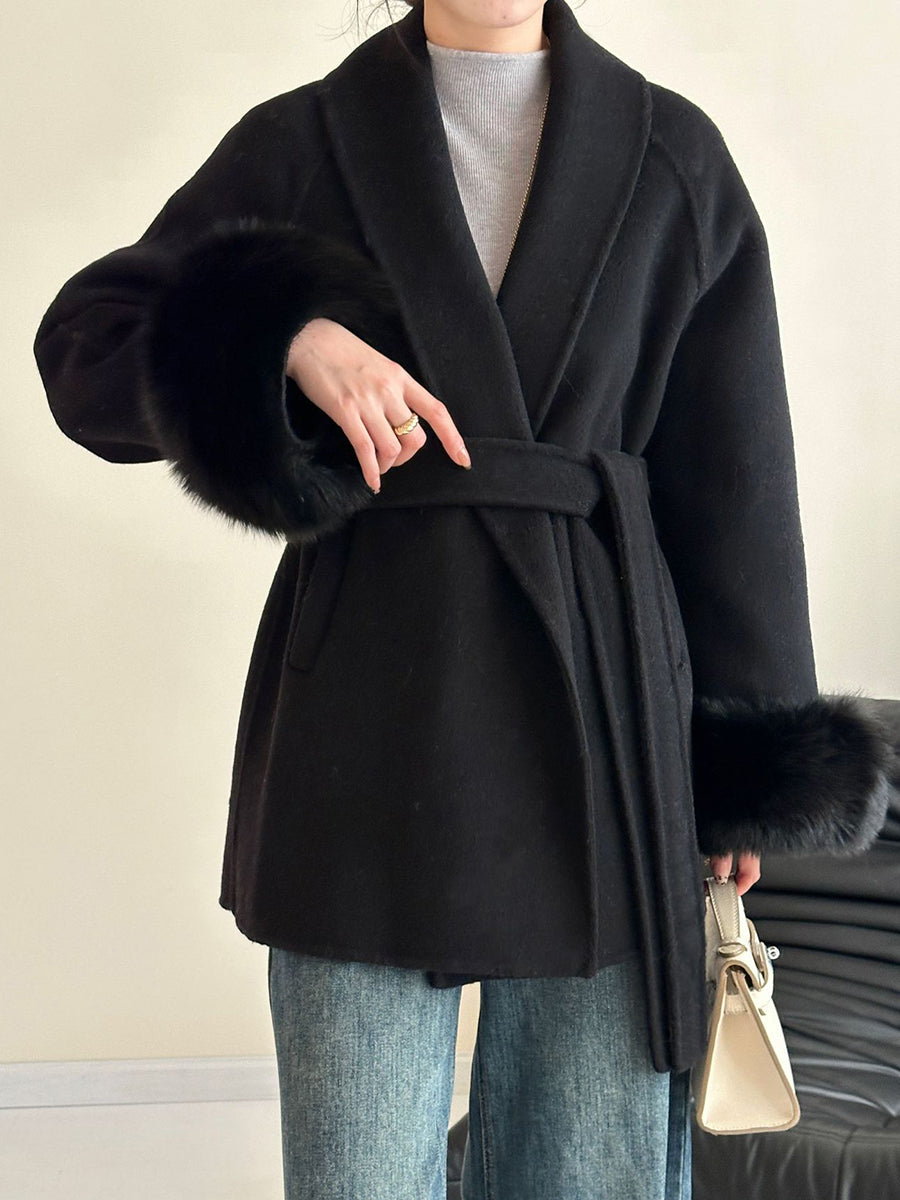 Onbely manteau en laine courte fausse fourrure avec ceinture pour femme