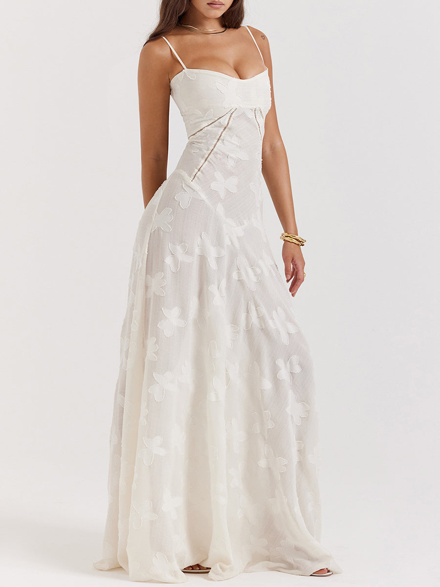 Onbely robe de soirée longue blanche en jacquard élégante à fines brides pour bal de promo ou mariage