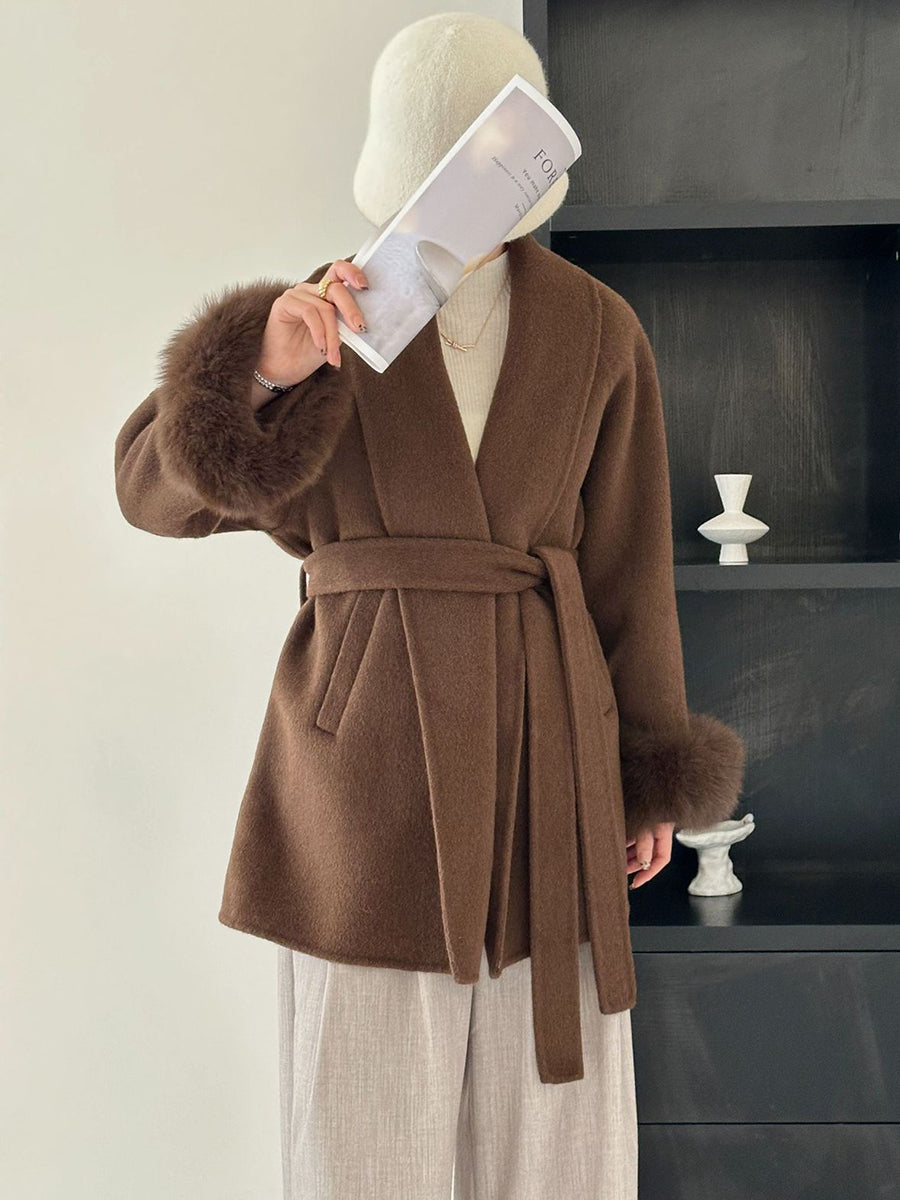 Onbely manteau en laine courte fausse fourrure avec ceinture pour femme