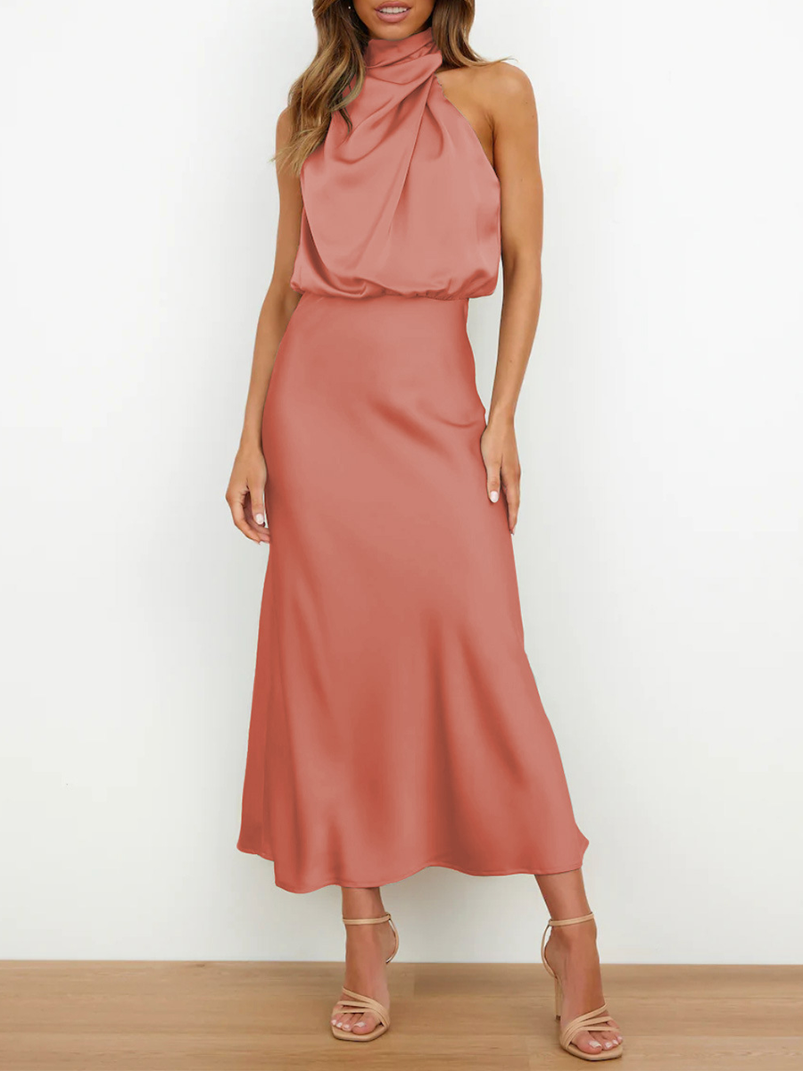 Onbely mi-longue robe unicolore satin sans manches taille haute élégant invité mariage
