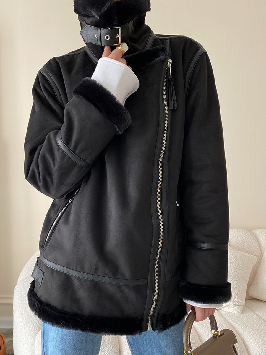 Onbely manteau aviateur en suédine doublé polaire femme hiver mode