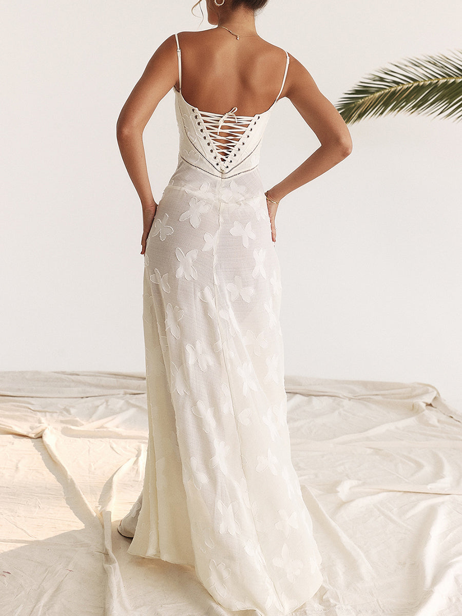 Onbely robe de soirée longue blanche en jacquard élégante à fines brides pour bal de promo ou mariage