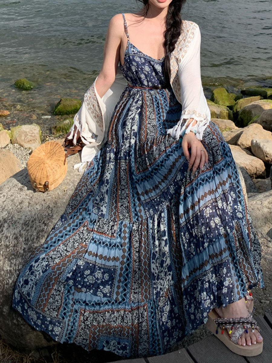 Onbely robe longue imprimé à fleurie à fines brides bohème bleu