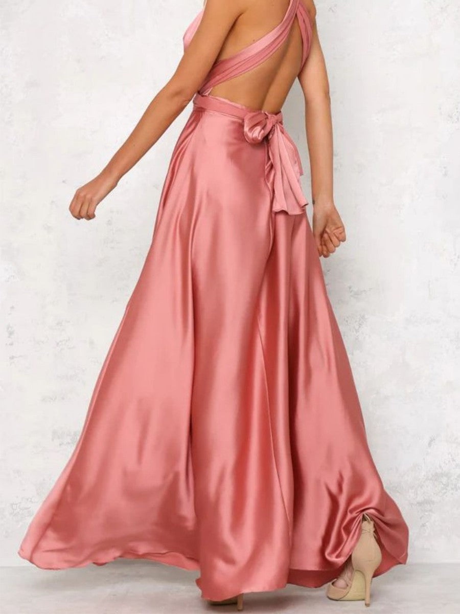 Onbely robe de soirée longue unicolore dos nu col en V licou/ras-du-cou taille élastique élégant invité mariage bal de promo