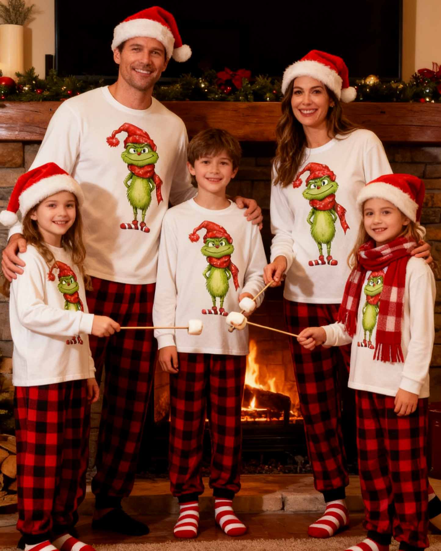 Grinch Sparkle - Pyjamas de Noël familiaux à carreaux rouges