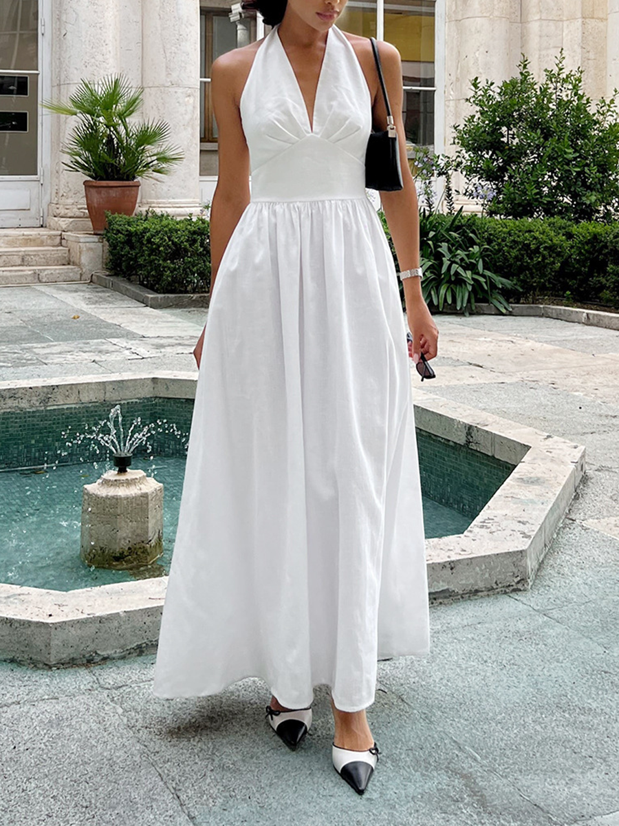Onbely Robe Longue Licou V-col Dos Nu décontracté Plage boho dress