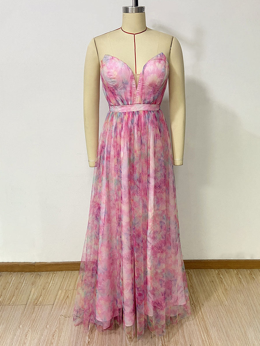 Onbely robe de soirée maxi longue fendue sur le côté à imprimé floral rose pour un mariage