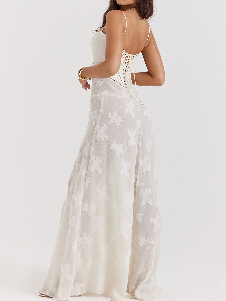 Onbely robe de soirée longue blanche en jacquard élégante à fines brides pour bal de promo ou mariage