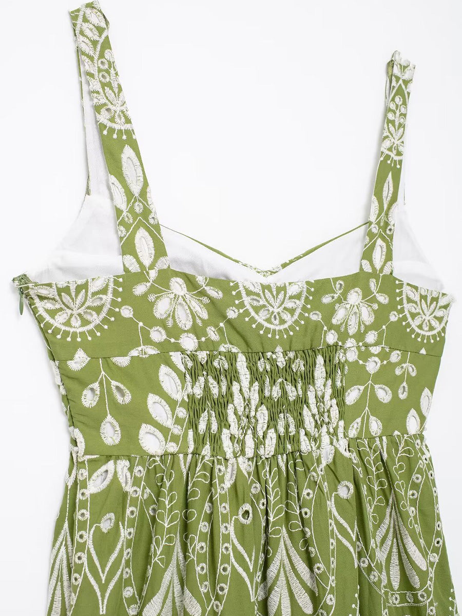 Onbely robe de soirée longue brodée motif cachemire vert sans manches à fines brides pour bal et plage