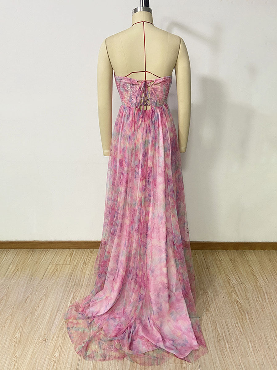 Onbely robe de soirée maxi longue fendue sur le côté à imprimé floral rose pour un mariage
