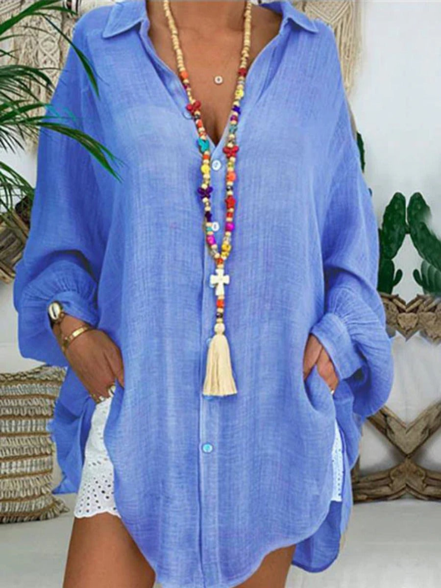 Onbely mi-longue blouse robe oversized boutonnage manches longues femme bohème chemisier