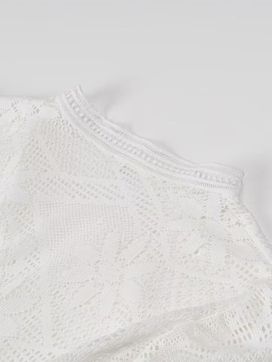 Onbely robe mi-longue dentelle coulisse taille col en V manches longues bohème blanc