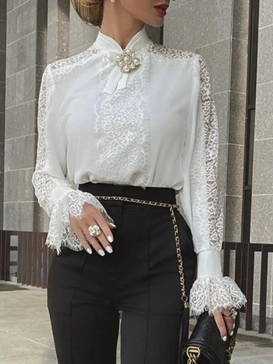 Onbely blouse dentelle transparent col montant femme élégant chemisier style tailleur