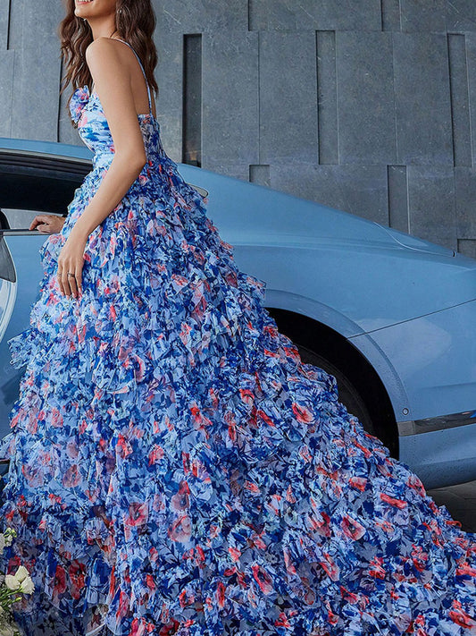 Onbely robe de soirée maxi longue en mousseline imprimée à fleurs dos nu bleue pour un mariage