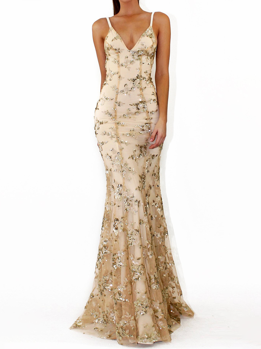 Onbely Robe maxi longue sirene brillante paillette à fines brides dos nu de soirée