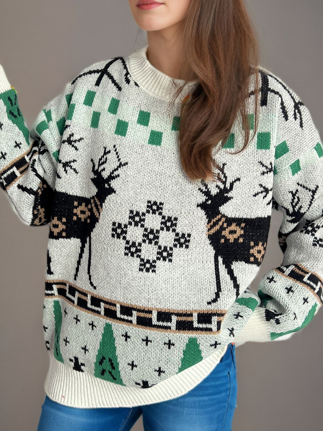 Pull de Noël à col rond et manches longues avec motif de renne