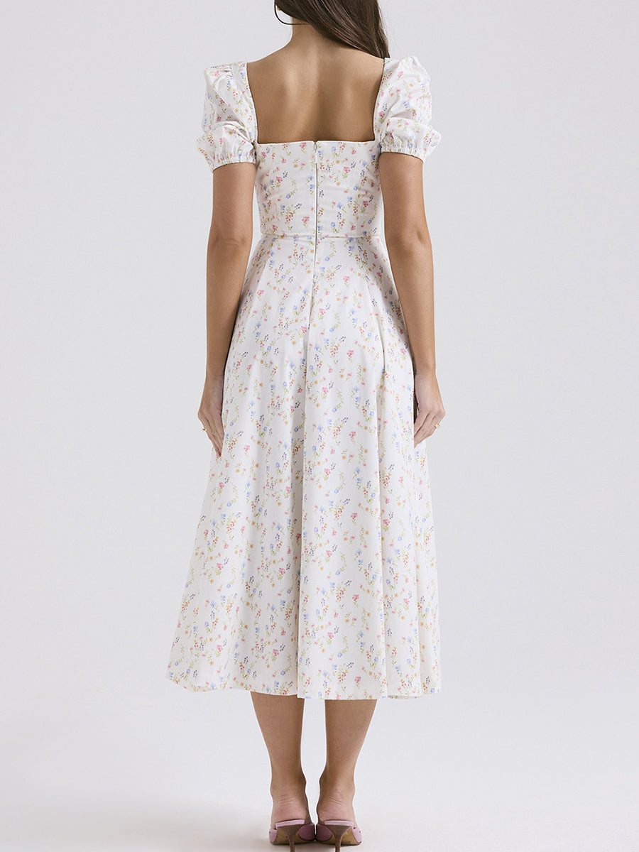Onbely robe de soirée longue blanche à imprimé fleuri col carré et manches bouffantes pour ou mariage