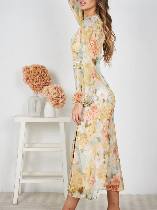 Onbely Robe mousseline fendu à imprimé floral V-col manches longues élégant