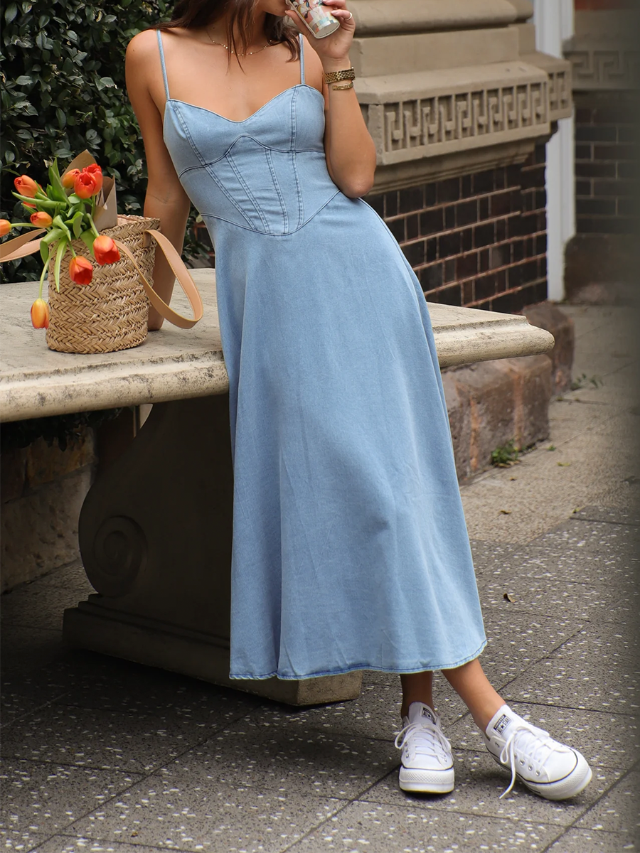 Onbely Robe longue en denim à fines brides mode bleu