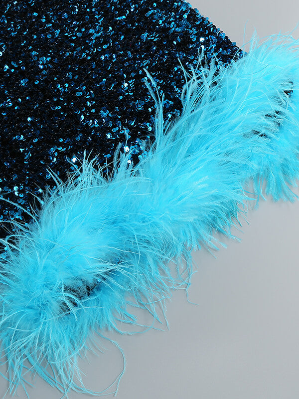 Onbely mini-robe mode brillante paillette plumes bleu - onbely