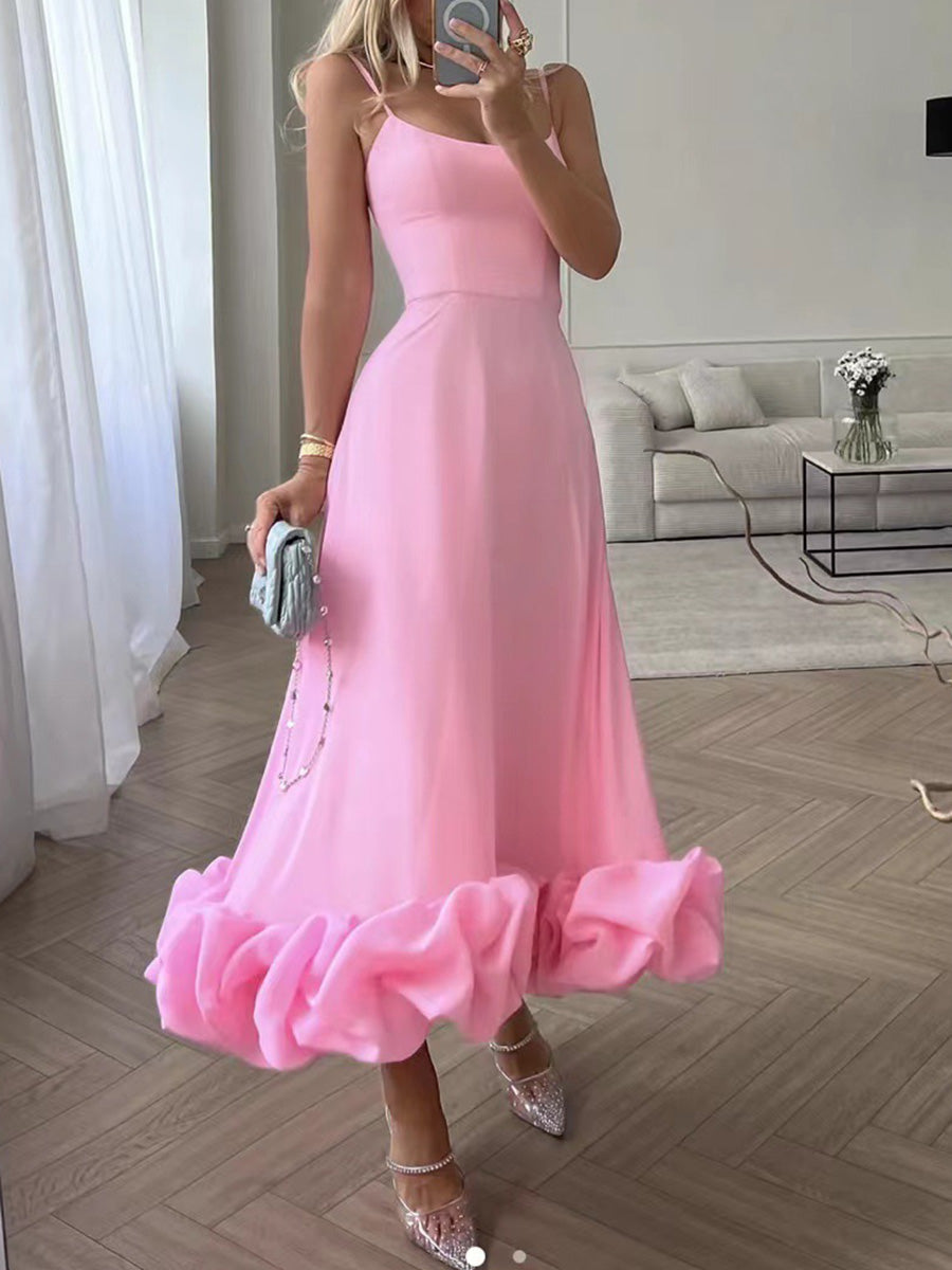 Onbely robe longue bustier à fines brides avec volants, élégante et douce pour cocktail et bal de promo