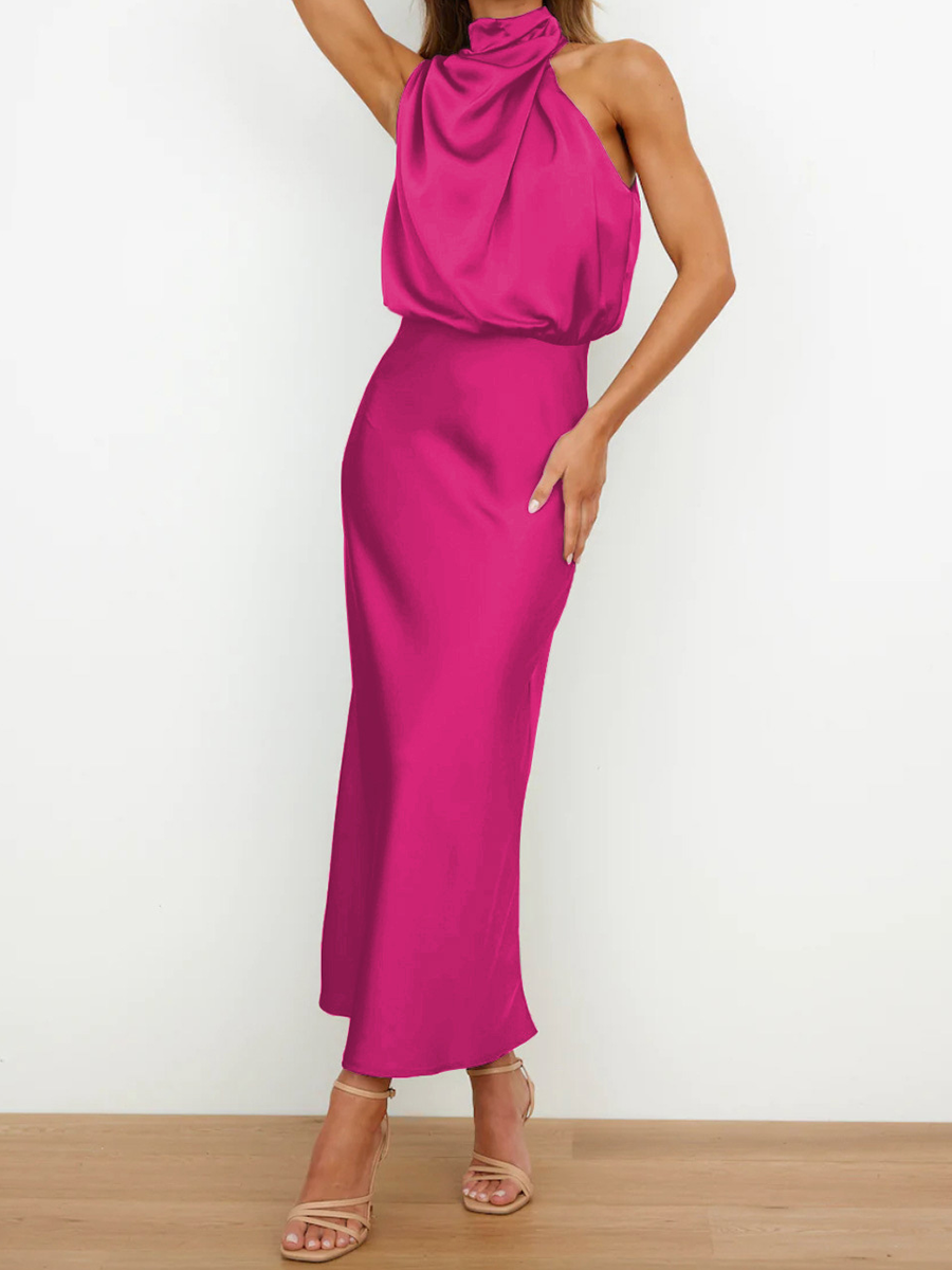 Onbely mi-longue robe unicolore satin sans manches taille haute élégant invité mariage