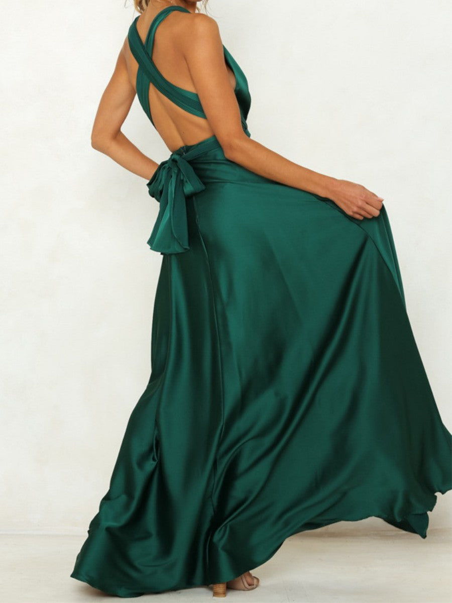 Onbely robe de soirée longue unicolore dos nu col en V licou/ras-du-cou taille élastique élégant invité mariage bal de promo