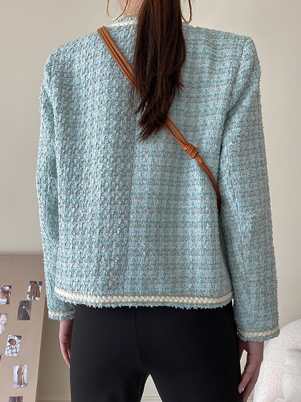 Onbely veste courte en tweed boutonnage avec poches femme élégant bleu