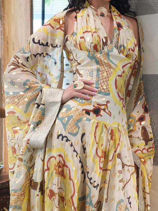 Onbely robe longue imprimé à fleurie mousseline col en V licou/ras-du-cou élégant vacances tous les jours boho dress