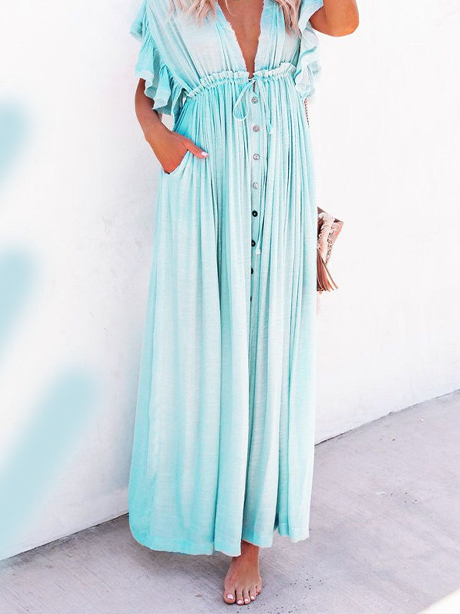 Onbely robe longue décolleté plongeant volants superposés manches courtes coulisse taille hawaienne vacances plage Protection solaire