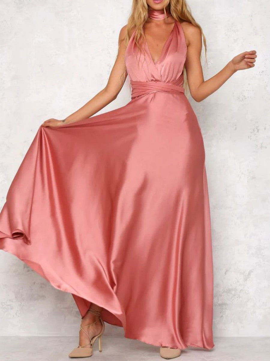Onbely robe de soirée longue unicolore dos nu col en V licou/ras-du-cou taille élastique élégant invité mariage bal de promo