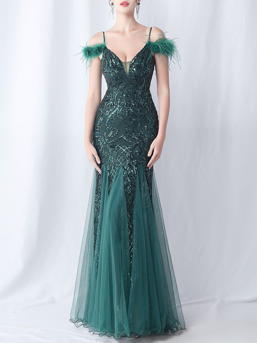 Onbely robe de soirée maxi longue en paillettes brillantes avec plumes pour un mariage femme cérémonie