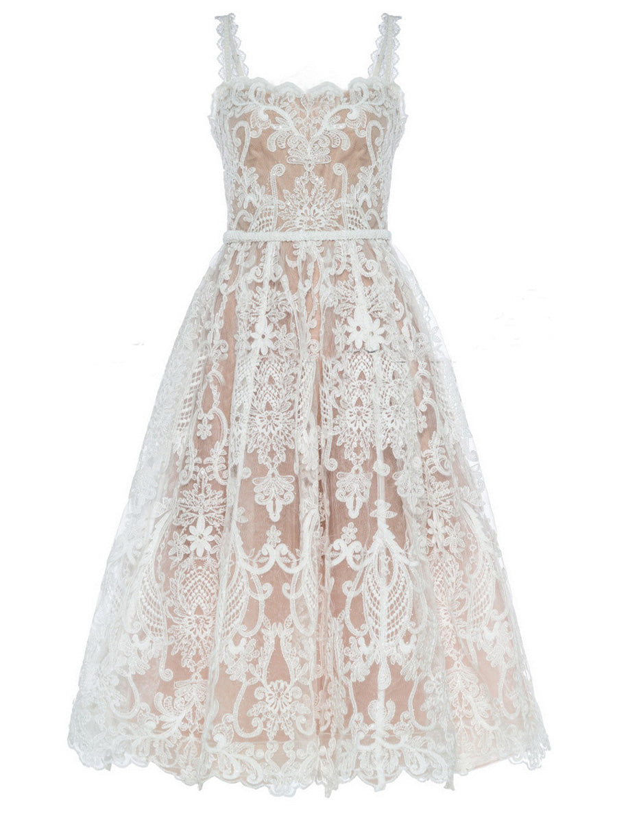 Onbely Robe de soirée mi-longue brodée avec fines brides pour un mariage