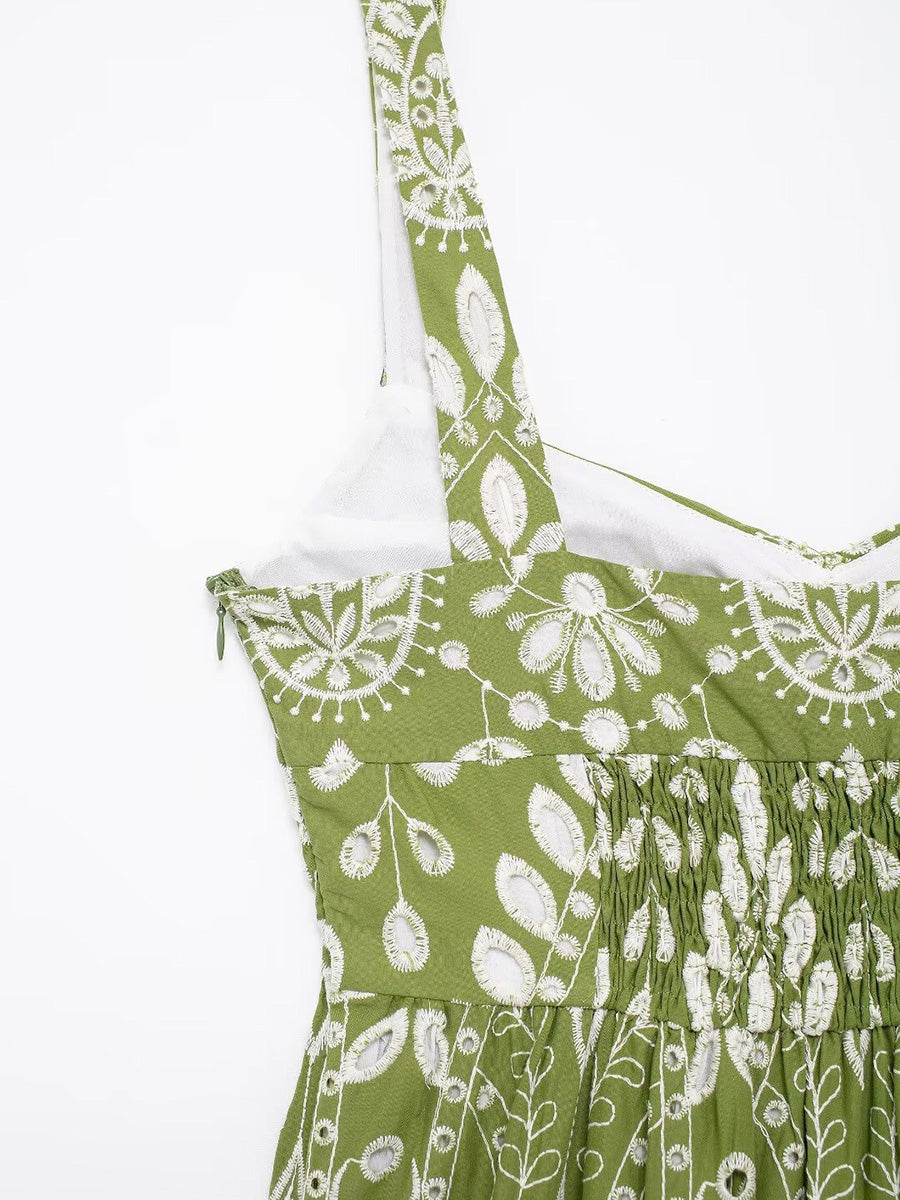 Onbely robe de soirée longue brodée motif cachemire vert sans manches à fines brides pour bal et plage