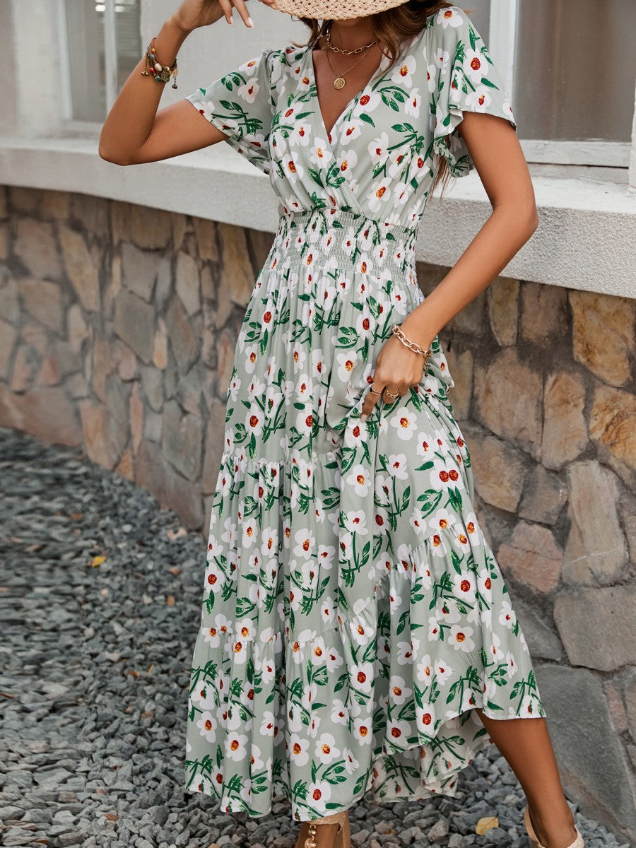 Onbely robe longue fleurs col en V manches courtes mode vacances tous les jours
