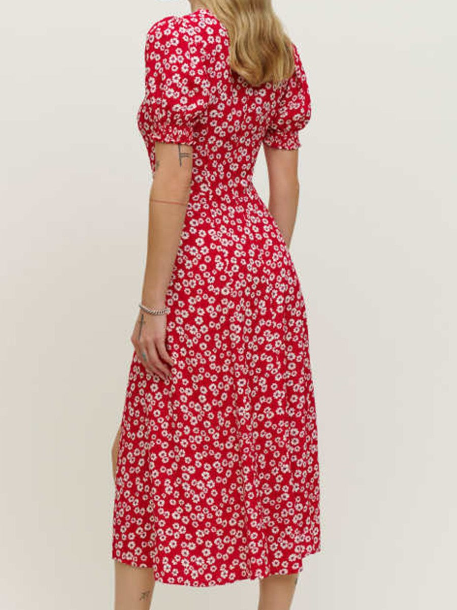 Onbely mi-longue robe imprimé à fleurie fendu le côté manches bouffantes vacances rouge