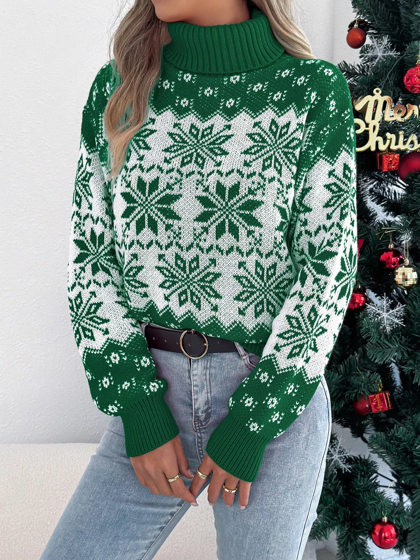 Pull de Noël à col roulé, manches longues et motif flocon de neige