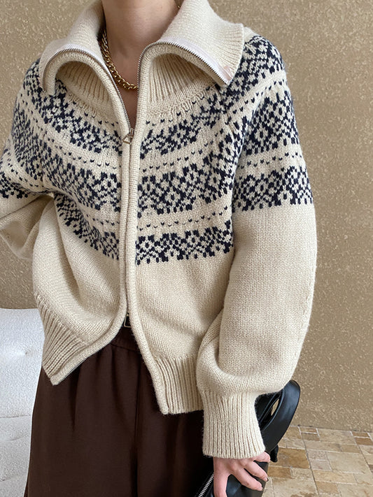 Onbely pull jacquard fermeture éclair pour femme vintage noël