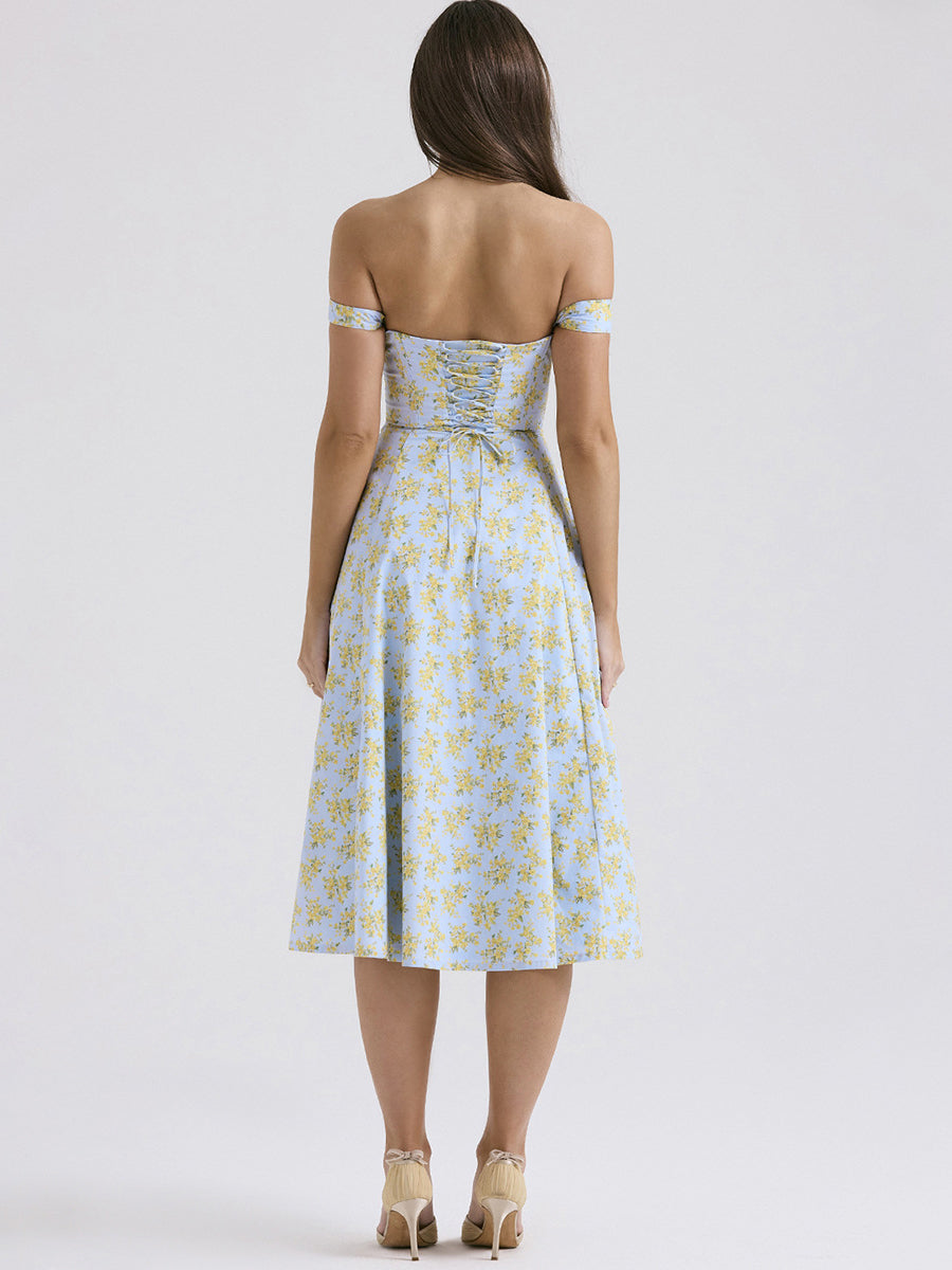 Onbely mi-longue robe trapèze imprimé à fleurie fendu le côté bustier dos nu à fines brides doux vacances tous les jours