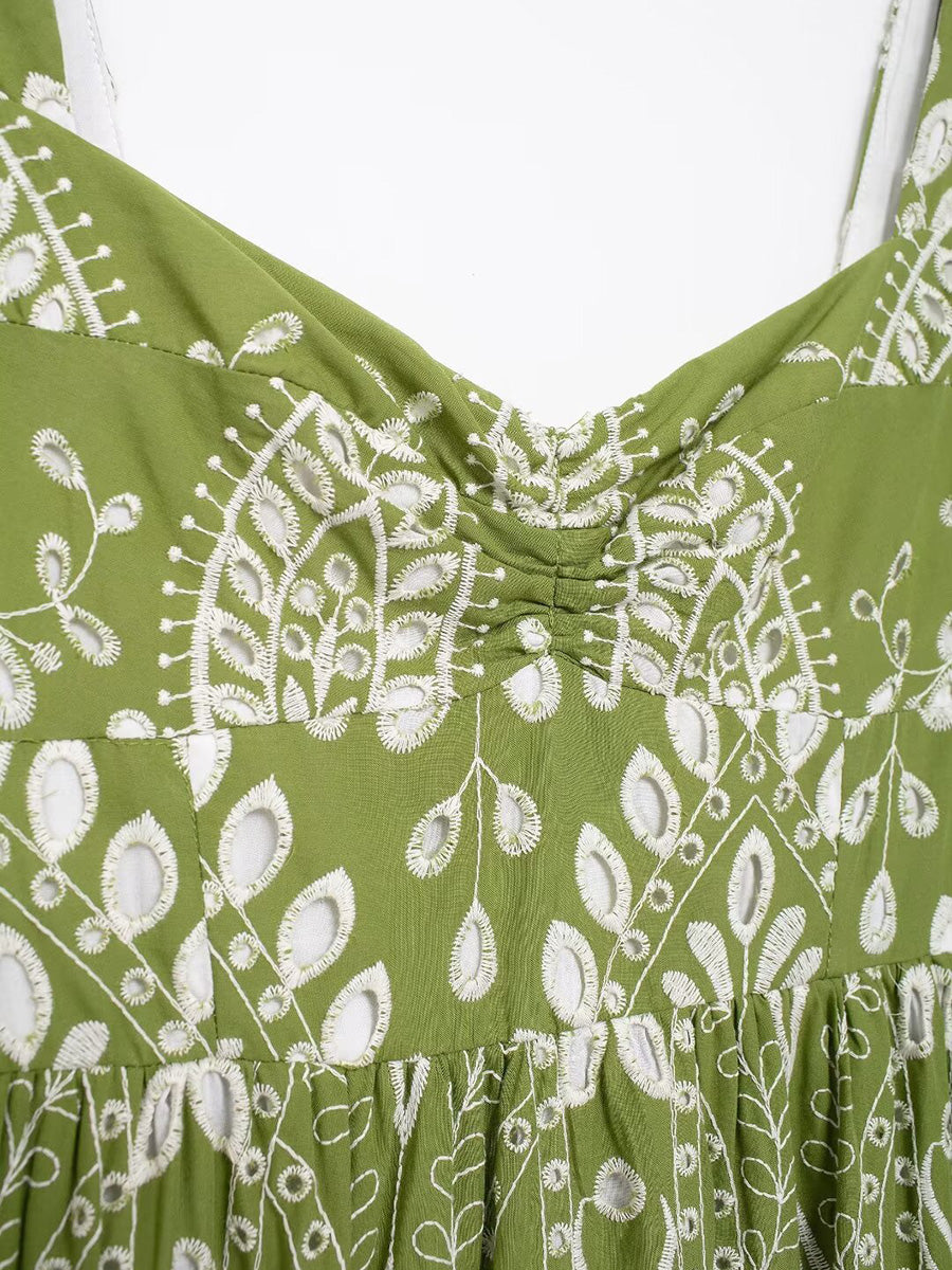 Onbely robe de soirée longue brodée motif cachemire vert sans manches à fines brides pour bal et plage