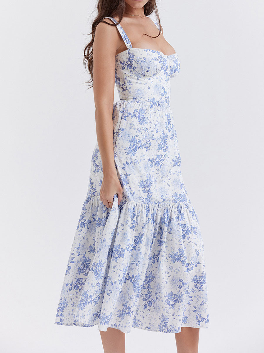 Onbely robe de soirée Mi-Longue Imprimée à Fleurs à Fines Brides pour Bal de Promo