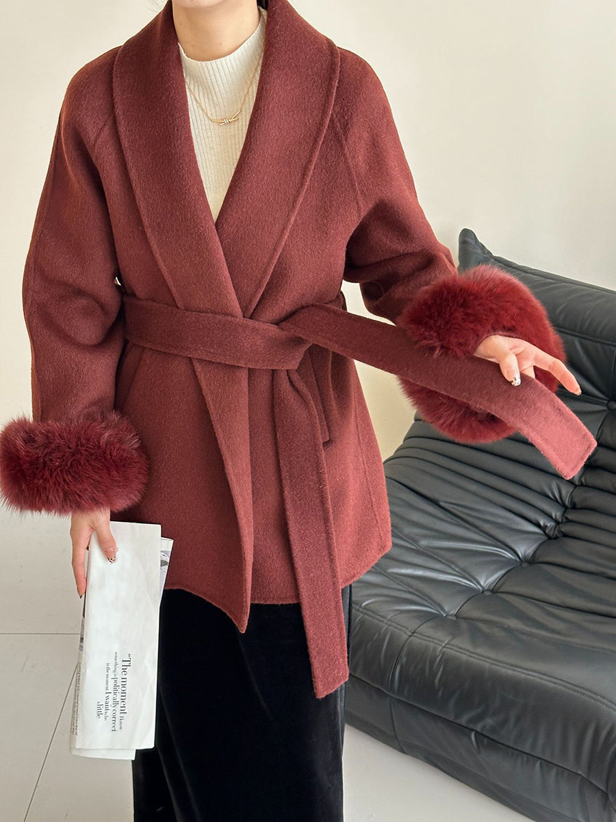 Onbely manteau en laine courte fausse fourrure avec ceinture pour femme