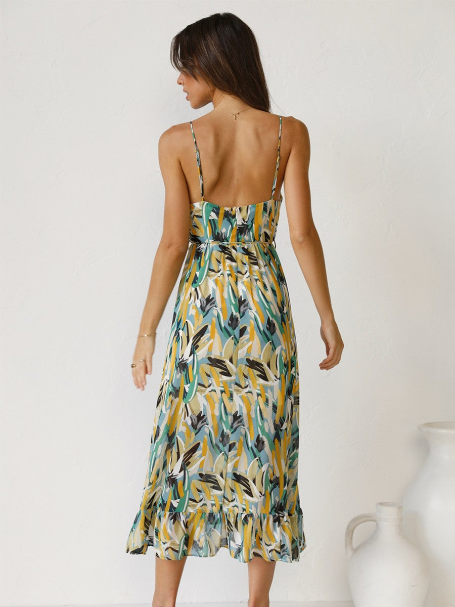 Onbely mi-longue robe imprimé à fleurie dos nu à fines brides col en V doux mode tous les jours vacances