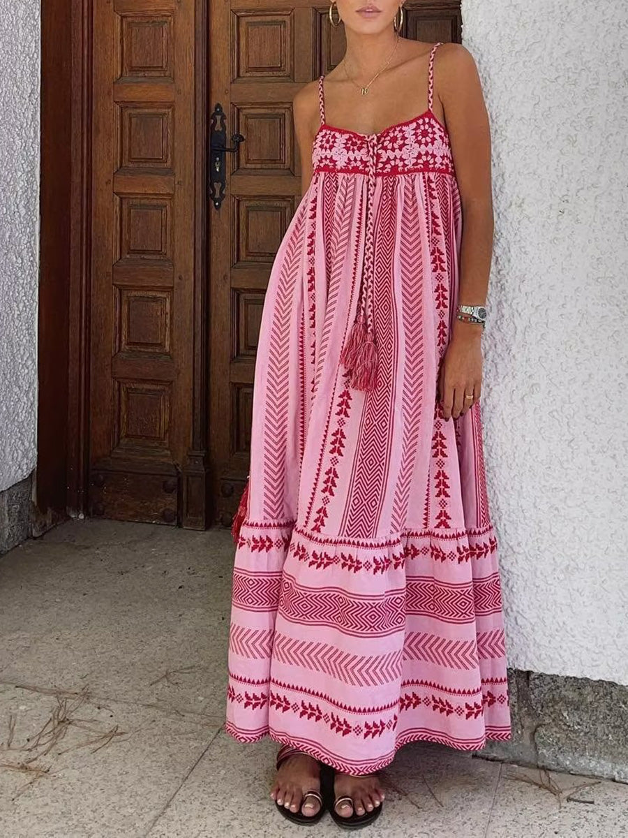 Onbely robe longue trapèze rose rayé dos nu à fines brides bohème élégant vacances tous les jours-boho dress