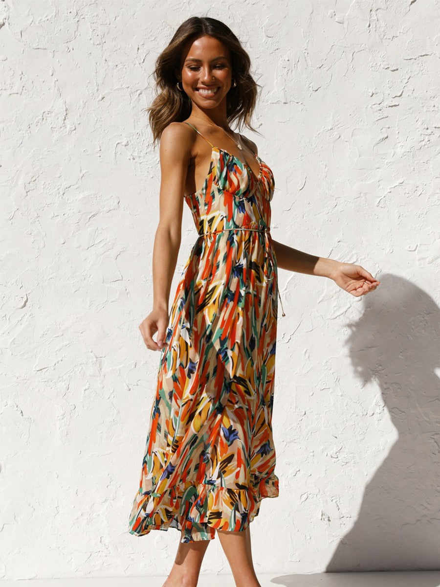Onbely mi-longue robe imprimé à fleurie dos nu à fines brides col en V doux mode tous les jours vacances