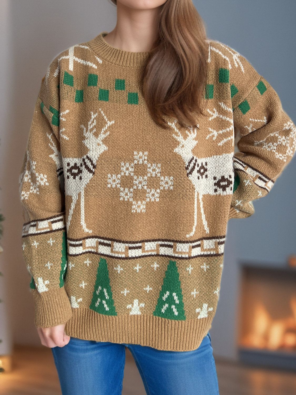 Pull de Noël à col rond et manches longues avec motif de renne