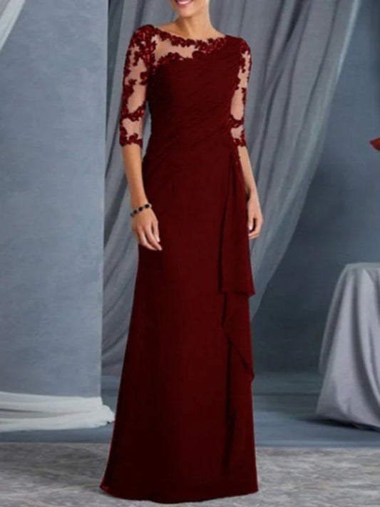 Onbely Volantée Robe en Dentelle Longue Transparent de Soirée avec Col Rond