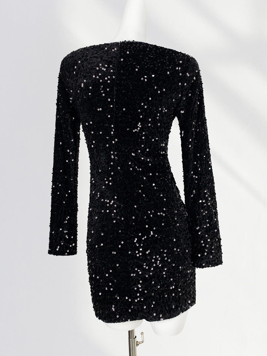 Onbely robe courte moulante velours brillante paillette Col en V cocktail